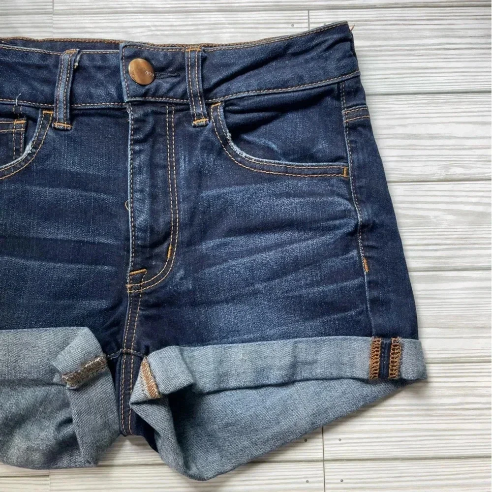 American eagle high rise shortie dark wash shorts women's size 2‎